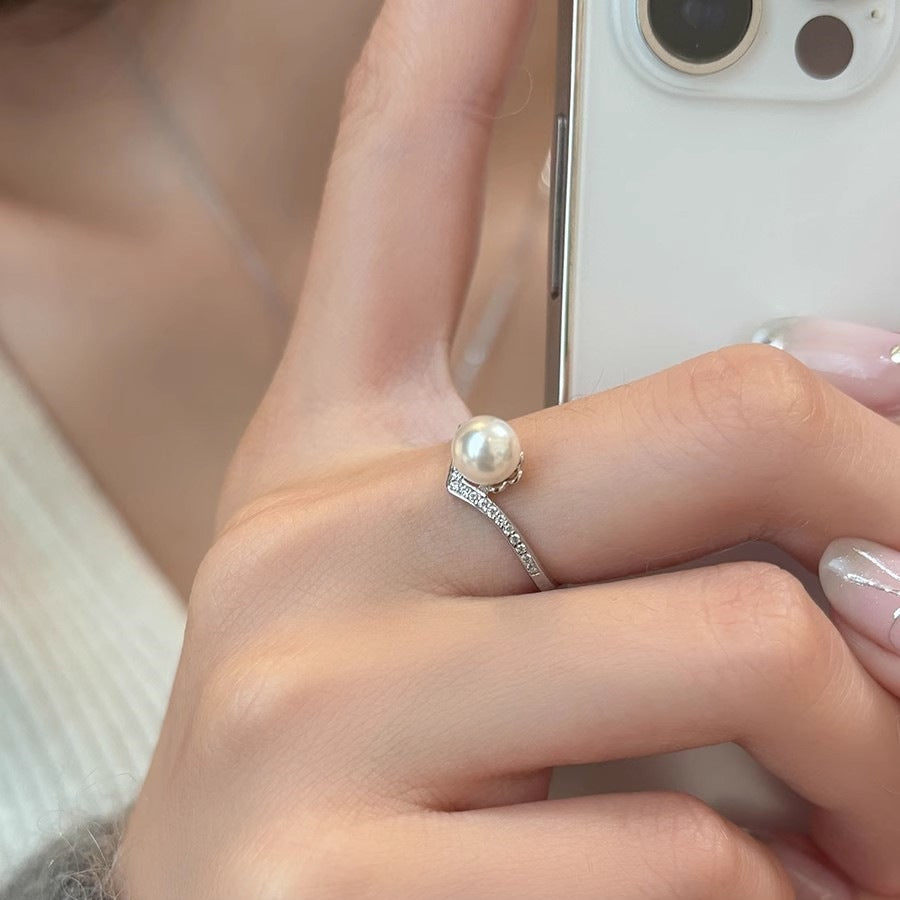 Planderful Sterling Silver Imitation Pearl Ring For Women Adjustable Light Luxury Elegant