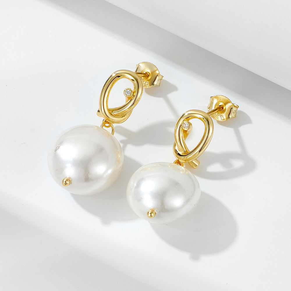 925 Sterling Silver Shell Button Pearl Earrings Geometric Knot Earrings