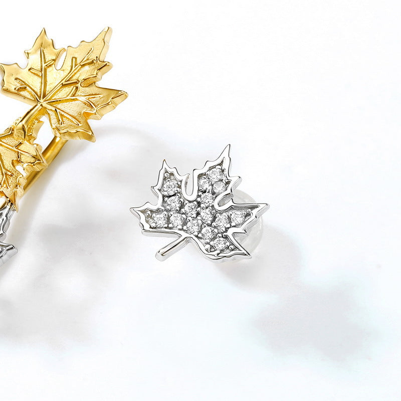 Two Tone Maple Leaf Zircon Asymmetric Sterling Silver Stud Earrings