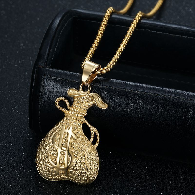 Planderful Everyday Genie Hip Hop Dollar Bag Pendant Necklace Gold Plated Stainless Steel For Urban Fashion Fans