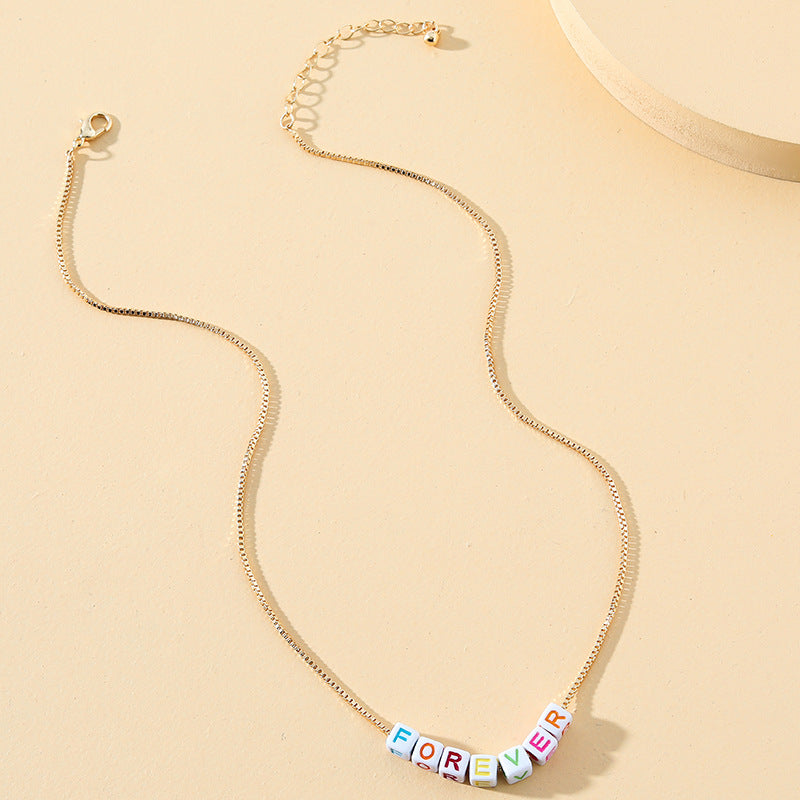 Colorful Enamel Geometric Pendant Necklace with Forever Letter Design