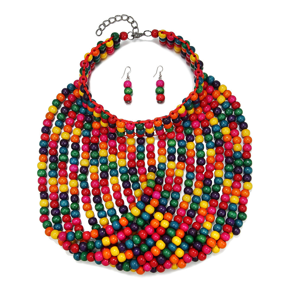Exaggerated Wood Bead Tassel Necklace Set with Multi-layer Styling