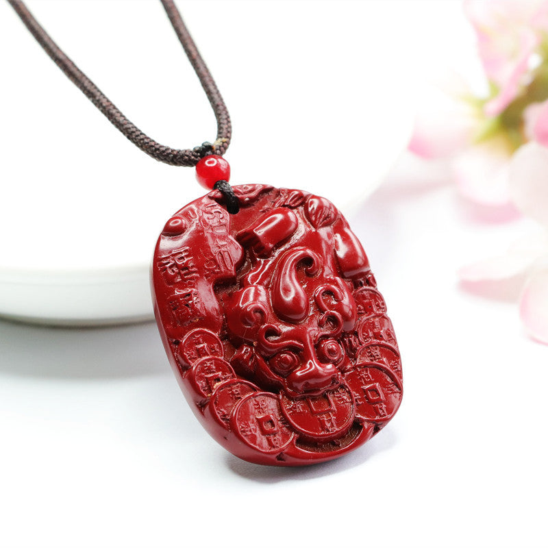 Vermilion Sand Pendant with Purple Gold Sand Pixiu Coin and Cinnabar Stone