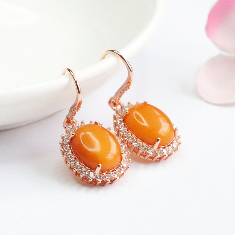 925 Sterling Silver Red Beeswax Amber Drop Earrings