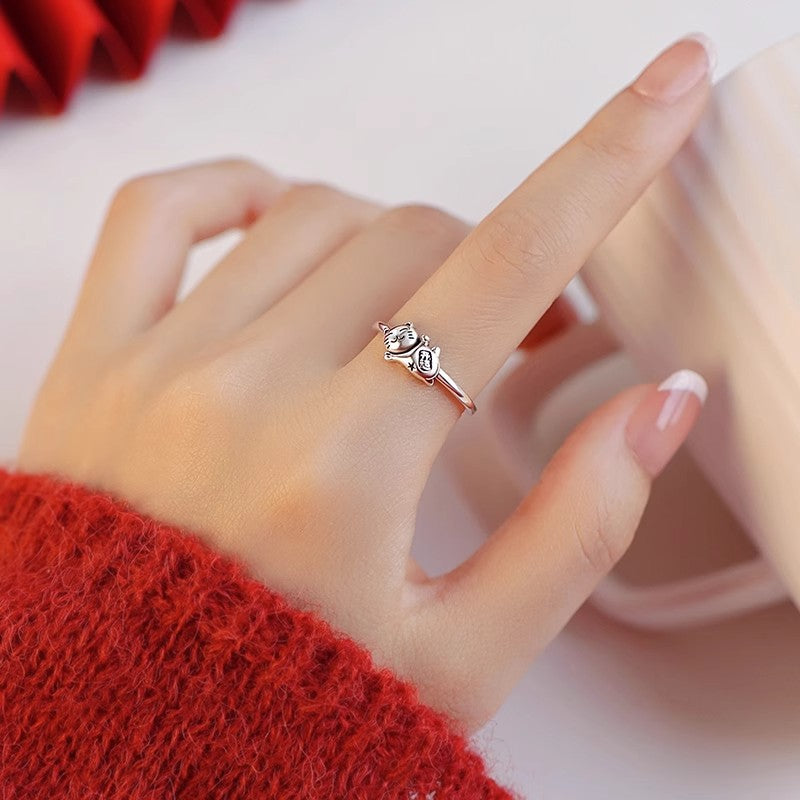 New 925 Sterling Silver Lucky Cat Ring Female Niche Design
