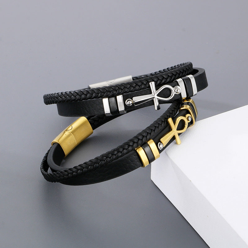 Planderful Leather Magnetic Buckle Handwoven Mens Bracelet