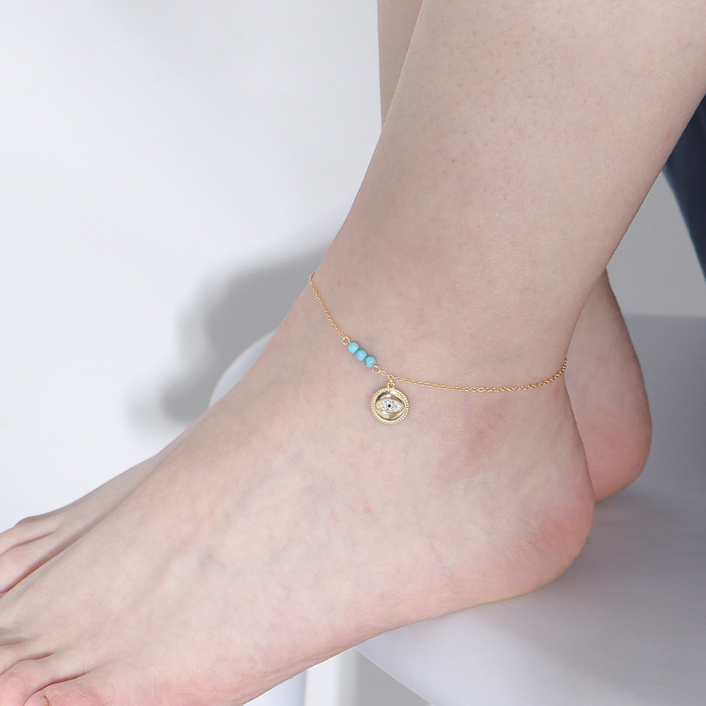 S925 Sterling Silver Devil's Eye Inlaid Zircon Turquoise Anklet Amazon Summer Beach Bracelet