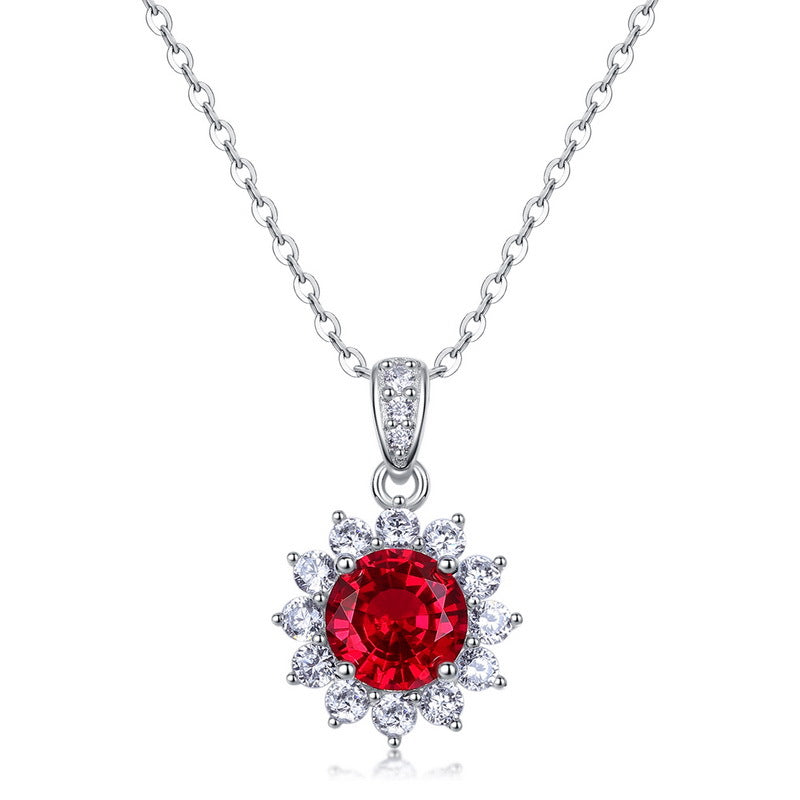 S925 Sterling Silver Lab-Grown Ruby Round Pendant Necklace