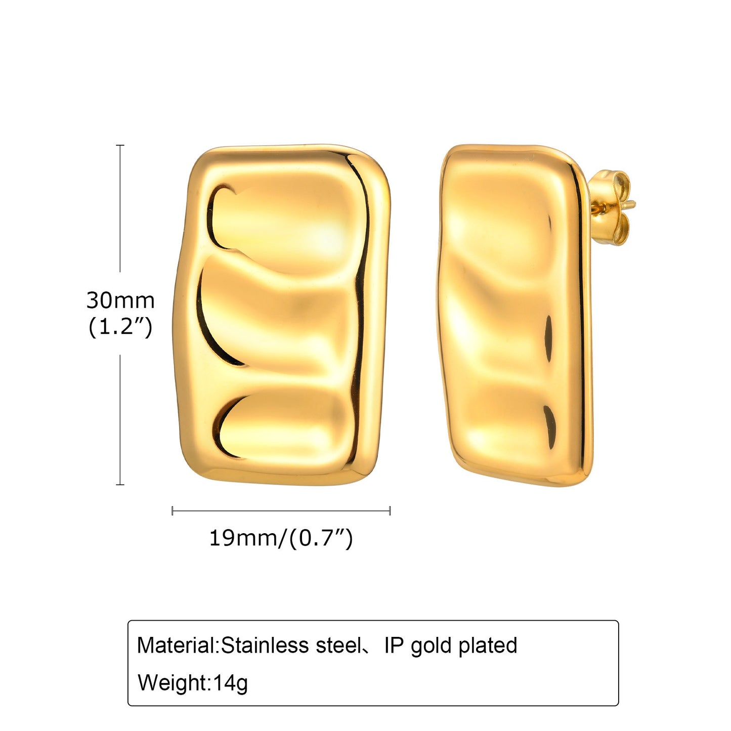 French Stainless Steel Square Pleated Earrings Women's 18K Gold
