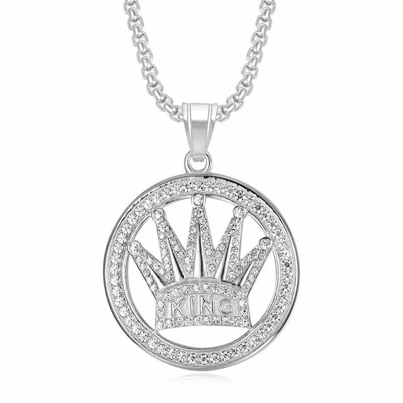 Planderful Hip Hop Crown Pendant Necklace Stainless Steel Gold Plated Rhinestones For Trendsetting Men