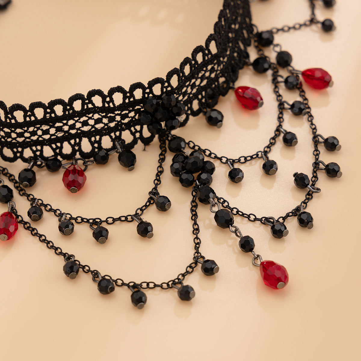 Gothic Lace Red Crystal-Style Layered Necklace