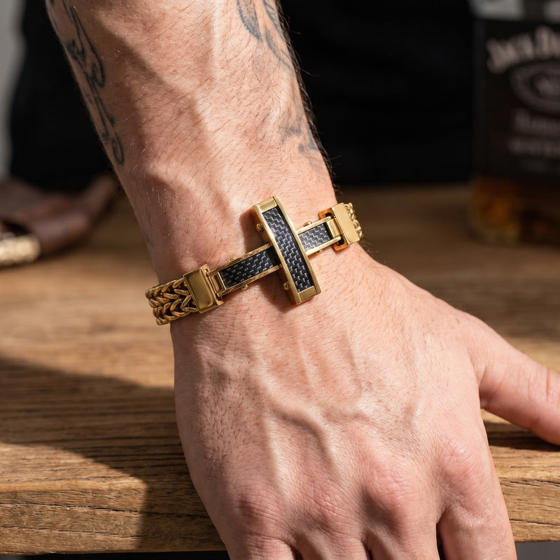 Hip Hop Carbon Fiber Cross Double Layer Front & Back Chains Magnetic Buckle Stainless Bracelet