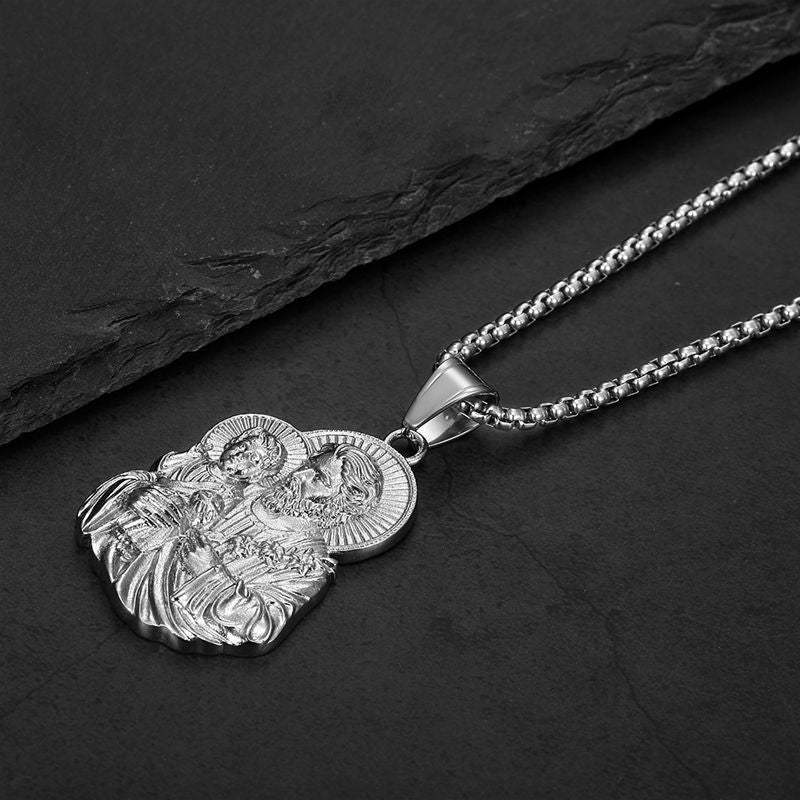 Planderful Hip Hop Jewelry Gold Plated Stainless Steel Zircon Holy Family Pendant Necklace For Unisex Fans