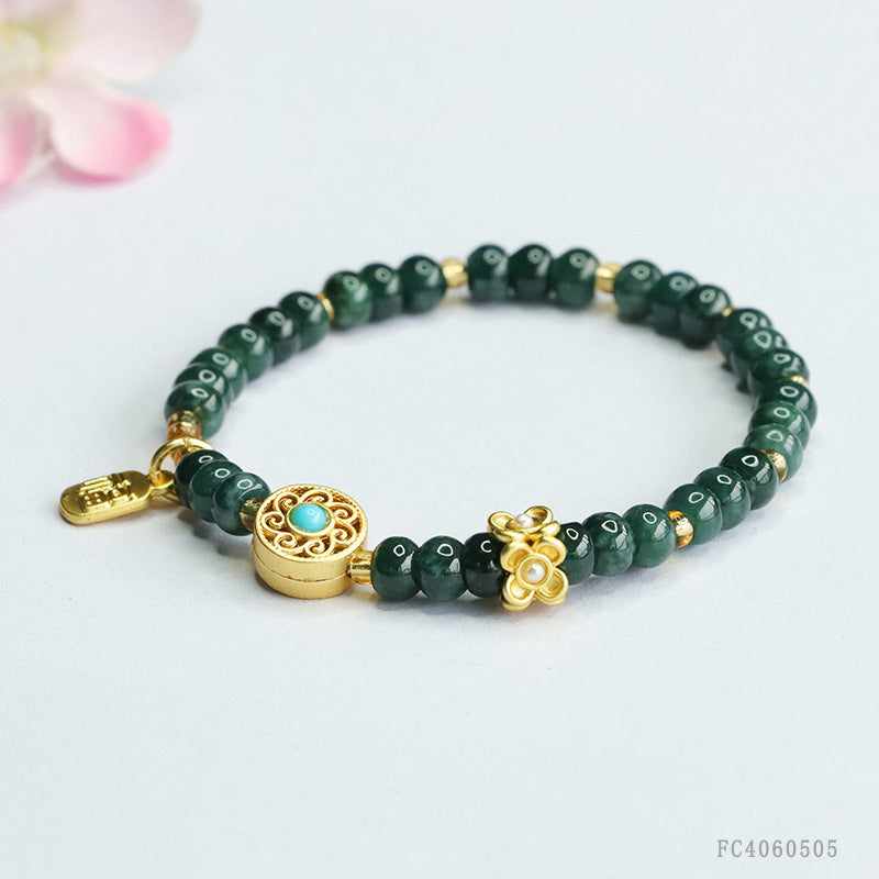 Blue Water Jadeite Abacus Bead & Fu Plaque Beaded Bracelet
