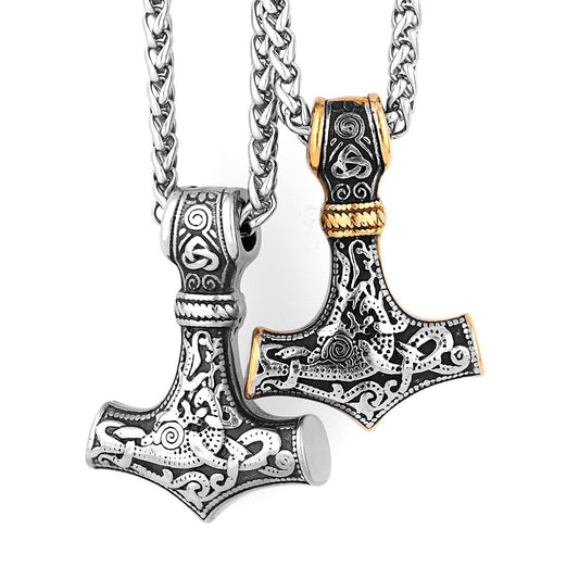 Planderful Thors Hammer Pendant Titanium Steel Necklace For Men With Bold Viking Triangle Knot Logo