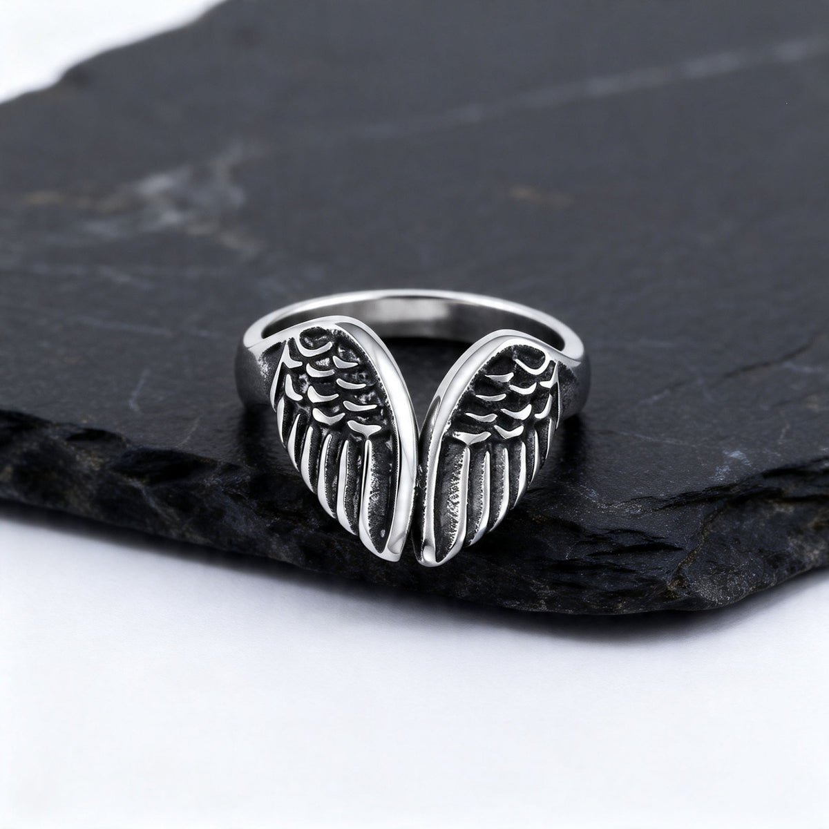 Stainless Steel Men's Street Dark Locomotive Daily Stacked Open Angel Wing Ring