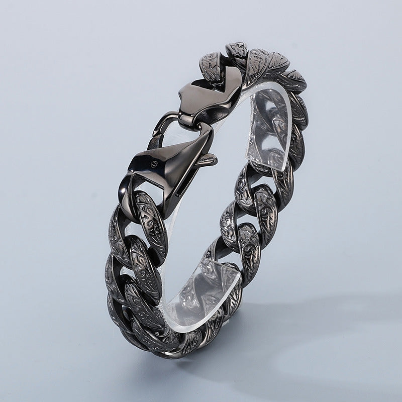 Personalized Tang Grass Pattern Stainless Steel Cuban Chain Bracelet for Men