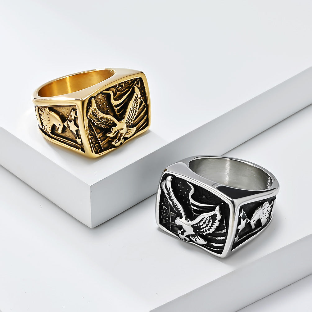 Planderful Mens Eagle Ring Stainless Steel Personalized Memorial For Marine Veterans Gift