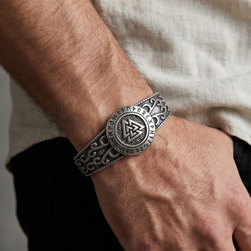 Nordic Viking Luhn Rune Kyle Knot Wide Face Bracelet Sheep Head Warrior Stainless Steel