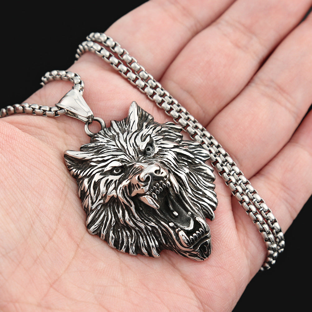 Nordic Hip-Hop Stainless Steel Viking Wolf Head Necklace