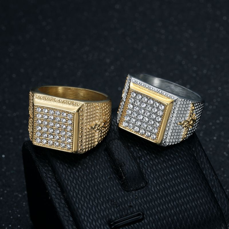 Planderful Hip Hop Ring Titanium Steel Gold Plated Zircon For Men Bold Urban Accessory
