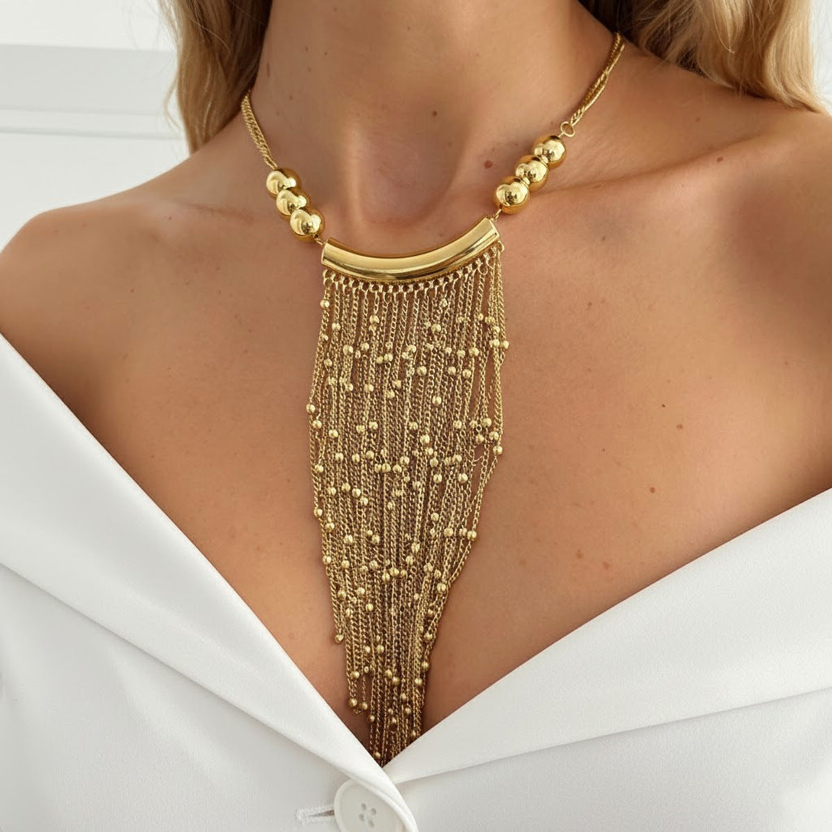 Round Bead Waterfall Fringe Necklace