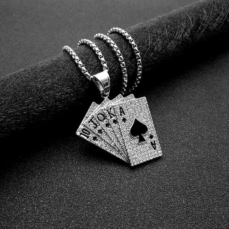 Planderful Everyday Genie Hip Hop Jewelry Titanium Steel Gold Plated Rhinestone Playing Card Necklace For Hip Hop Fans