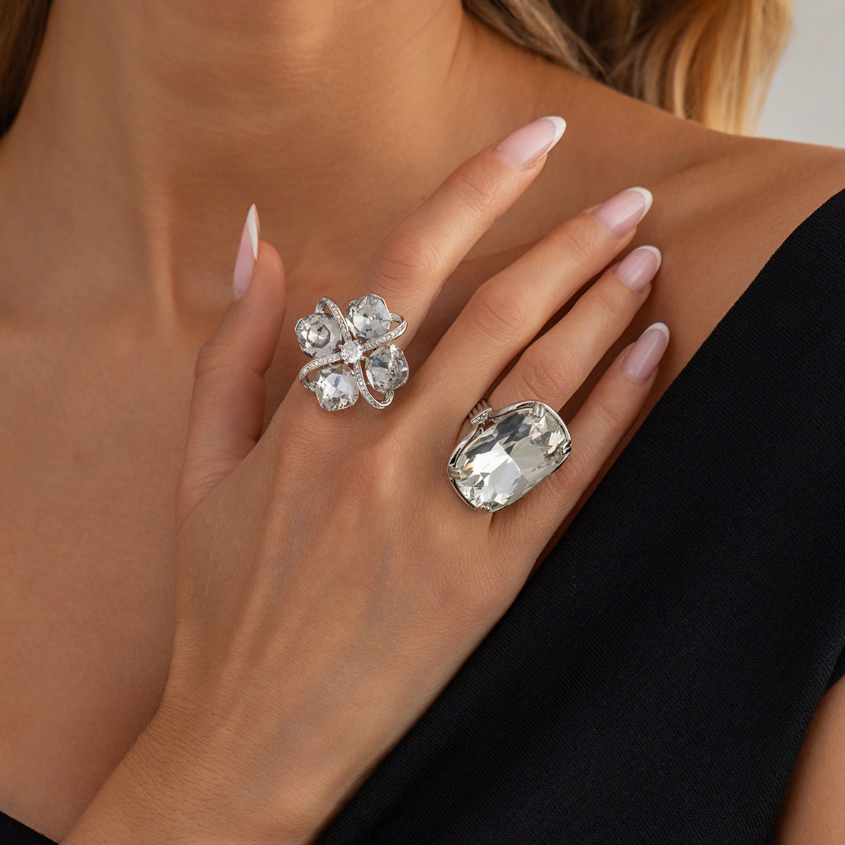 Planderful Square Zircon Ring With Exaggerated Four Leaf Inlay Bold Statement Jewelry For Fashion Forward Women