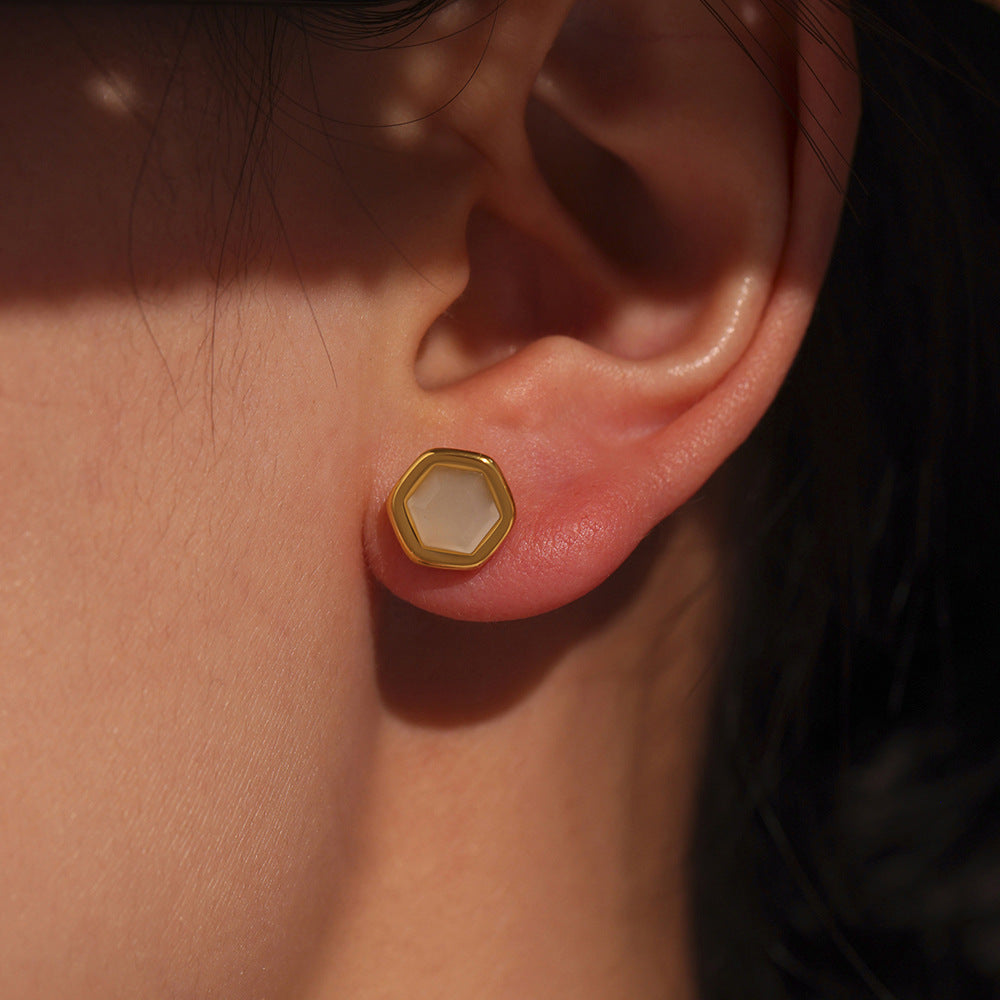 Planderful Opal Hexagon Stud Earrings Women 18K Gold Plated