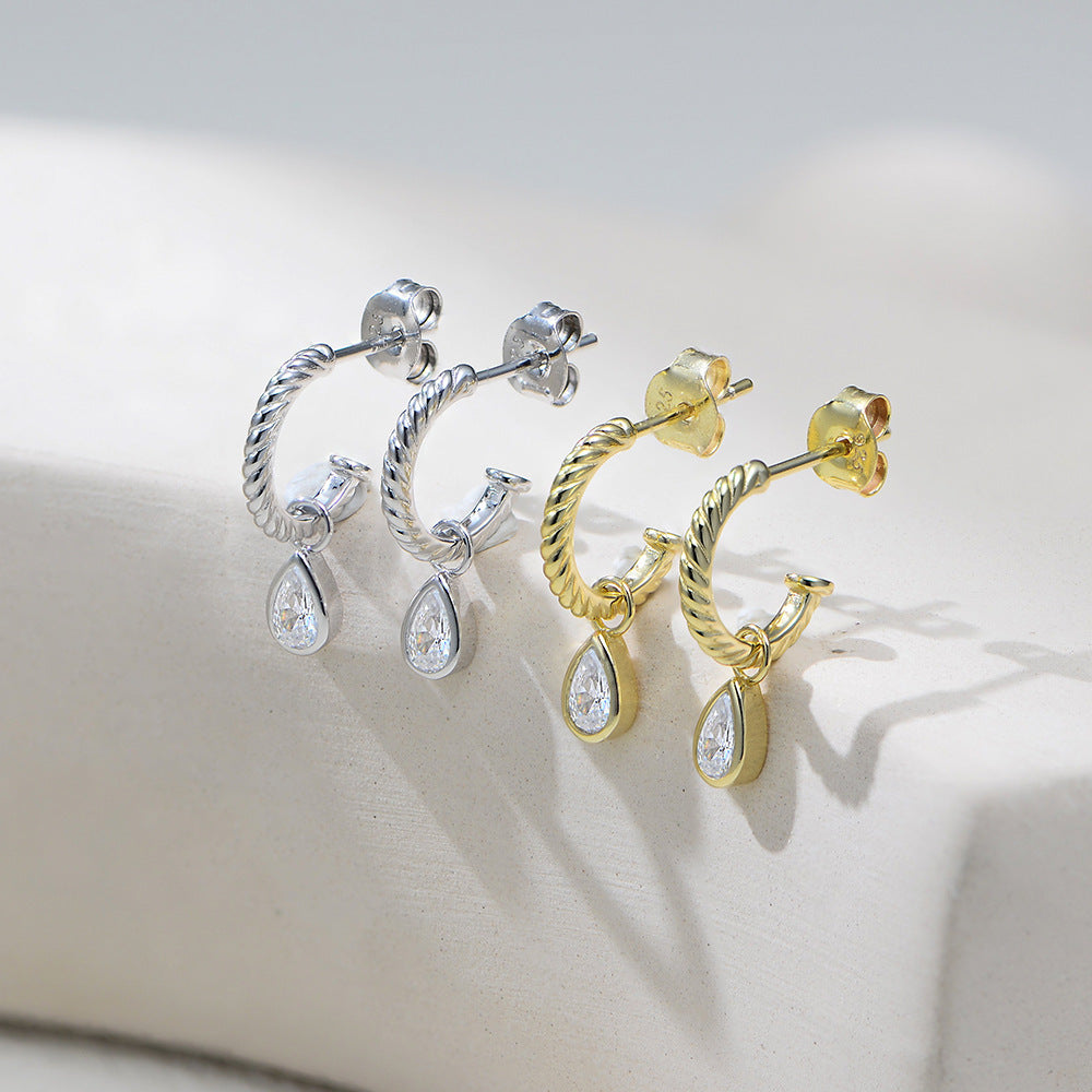 Planderful S925 Sterling Silver C Shaped Drop Earrings With Zircon Sparkle For Women