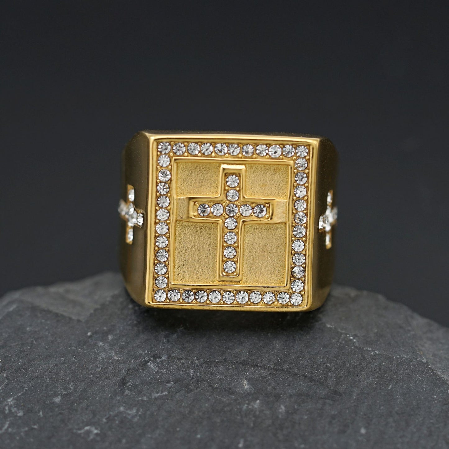 Planderful Titanium Stainless Steel Gold Plated Zircon Cross Ring For Men Unisex Everyday Genie Collection Durable