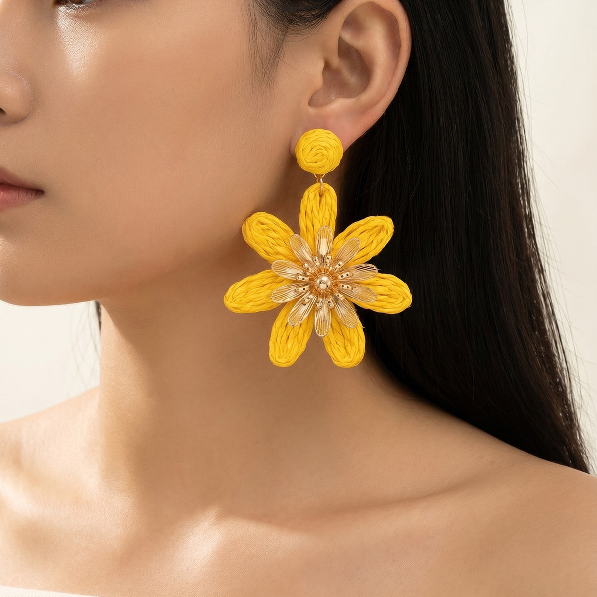 Turquoise Woven Flower Statement Earrings