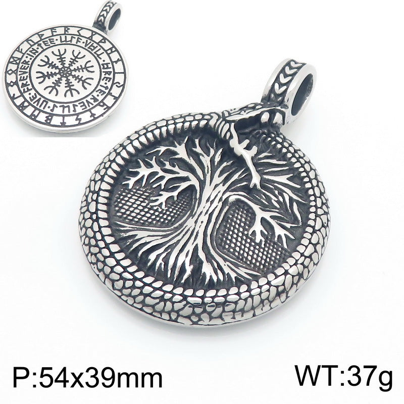Nordic Viking Mythology Ouroboros Tree Of Life Pendant, Retro Round Stainless Steel Men's Necklace