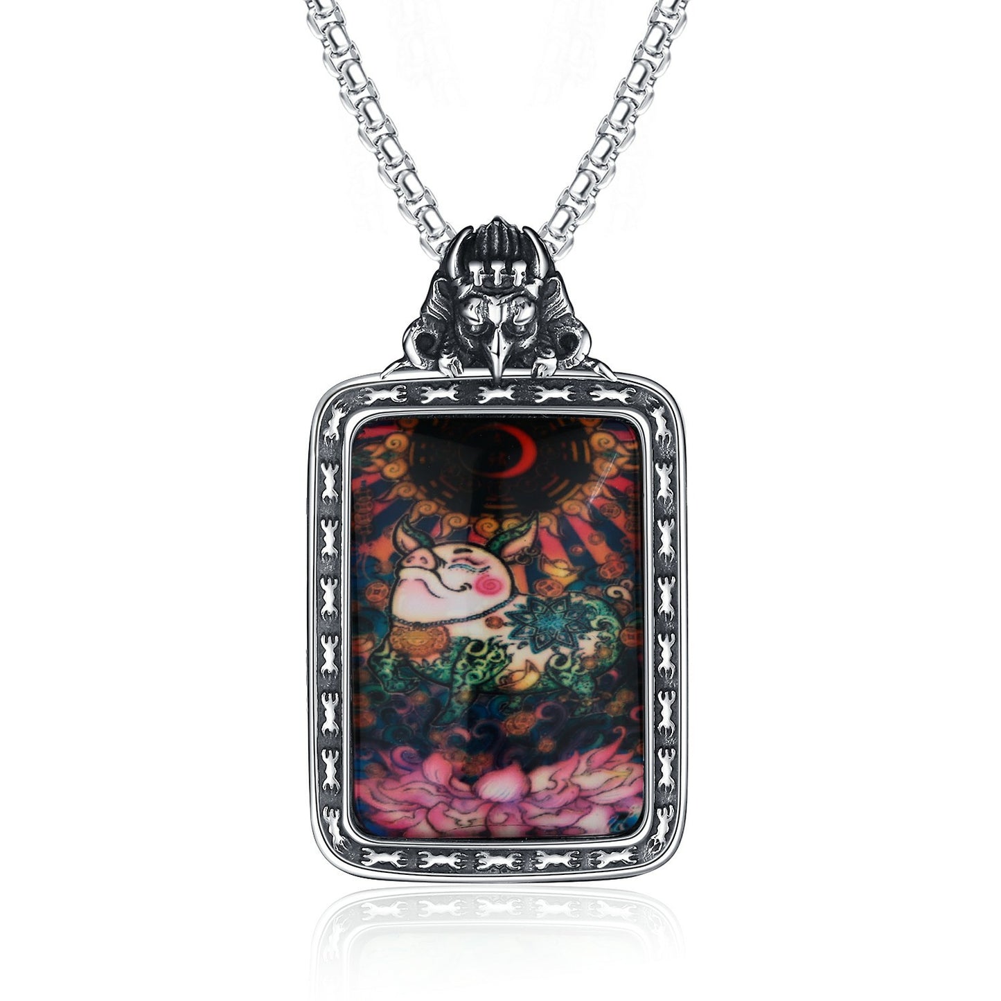 Steel Necklace – Elegant Thangka Zodiac Guardian God Of Wealth Carving, Planderful
