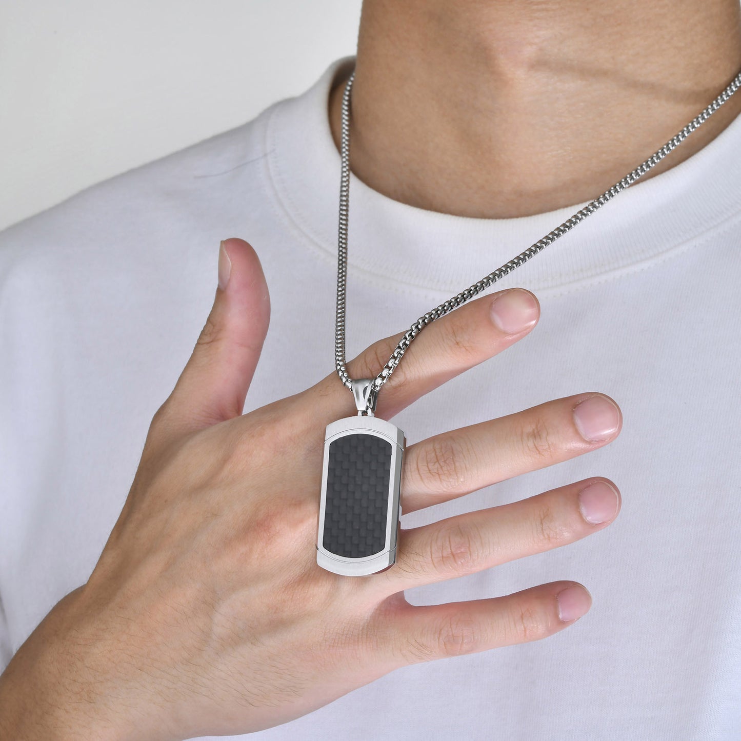Stainless Steel Carbon Fiber Dog Tag Pendant Necklace Men