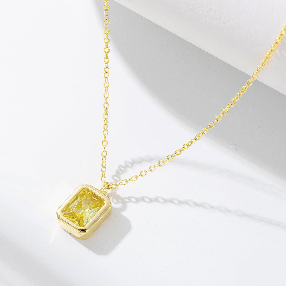 S925 Sterling Silver Square Olive Yellow Zircon Pendant Necklace