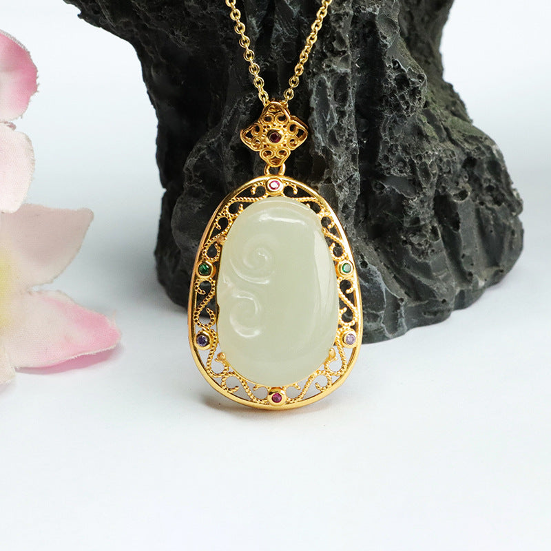 Jade Ruyi Necklace with Sterling Silver Pendant from Hotan