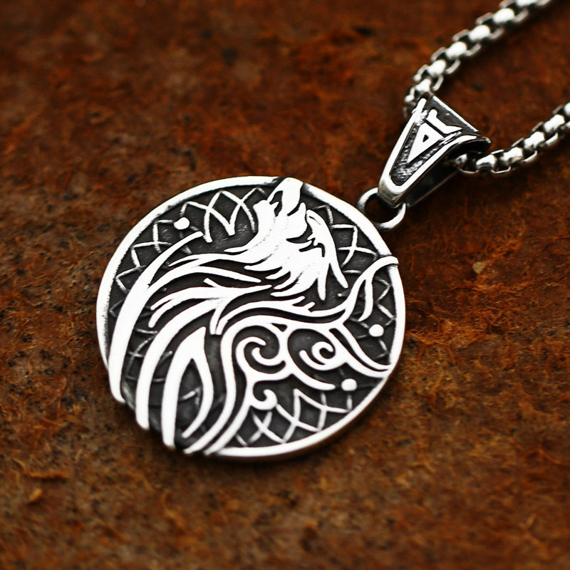 Viking-Inspired Stacked Triangle Pendant with Retro Wolf Head Tag in Titanium Steel for Men