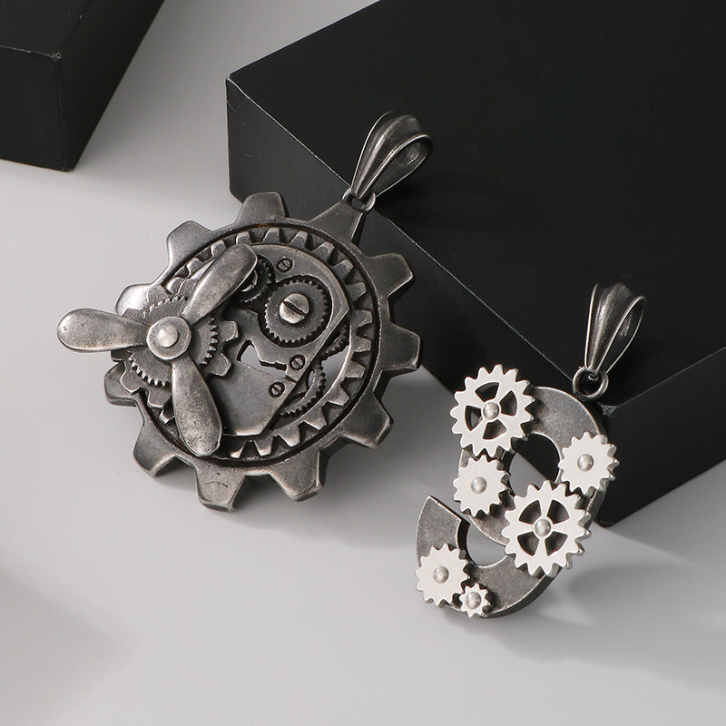 Age Of Steam Pendant, Punk Retro Stainless Steel Boiled Black Mechanical Gear Men's Necklace