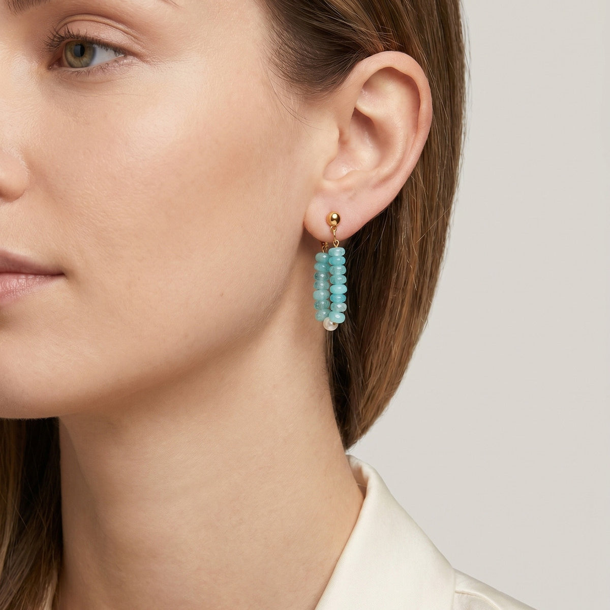 Aqua Stone Bead & Pearl Loop Drop Earrings