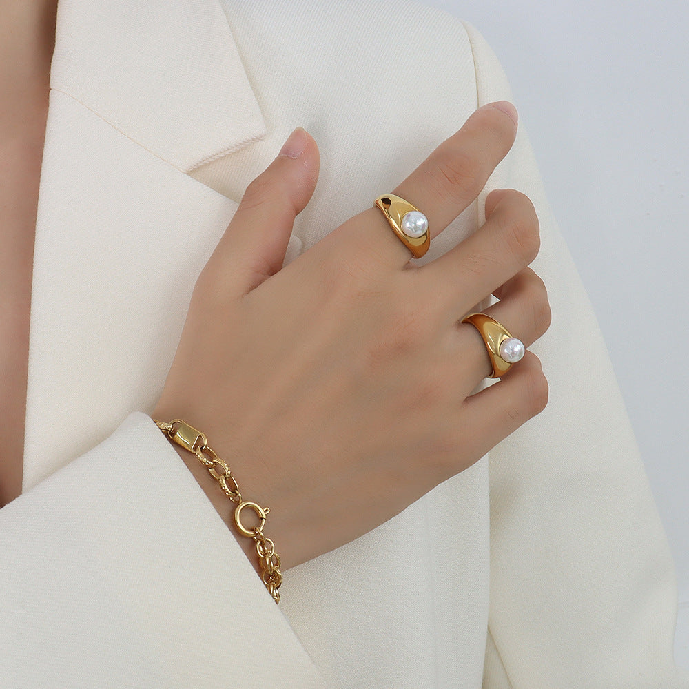 Gilded French-inspired Faux Pearl Ring - Stackable Statement Jewelry for Women