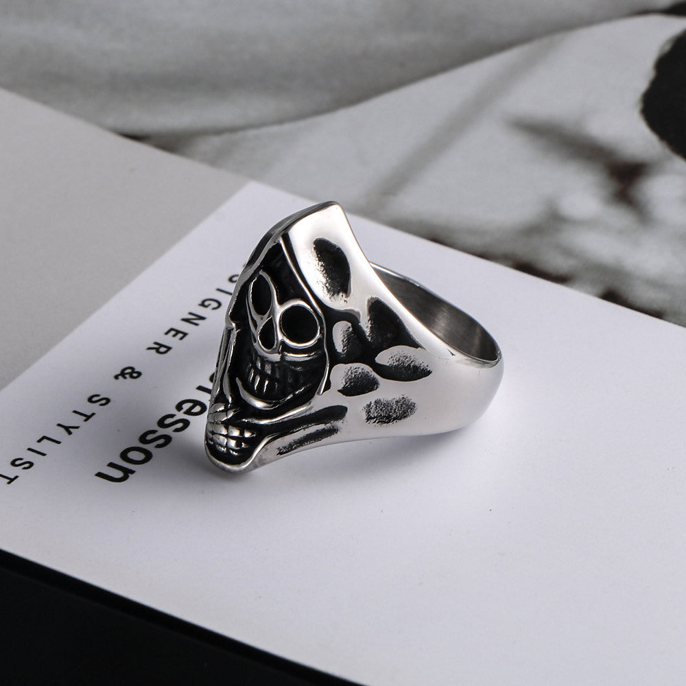 Engraved Skull Ghost Head Ring for Men - Vintage Zombie Design in Titanium Steel