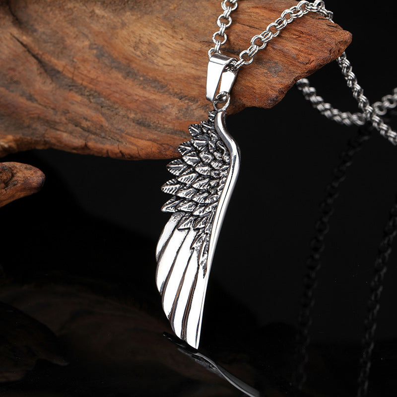 Titanium Steel Feather Pendant with Angel Wings for Men – European and American Fashion Design