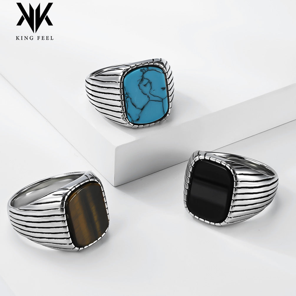 Tiger's Eye Stone – Turquoise Stainless Steel Ring – Men's Stainless Steel