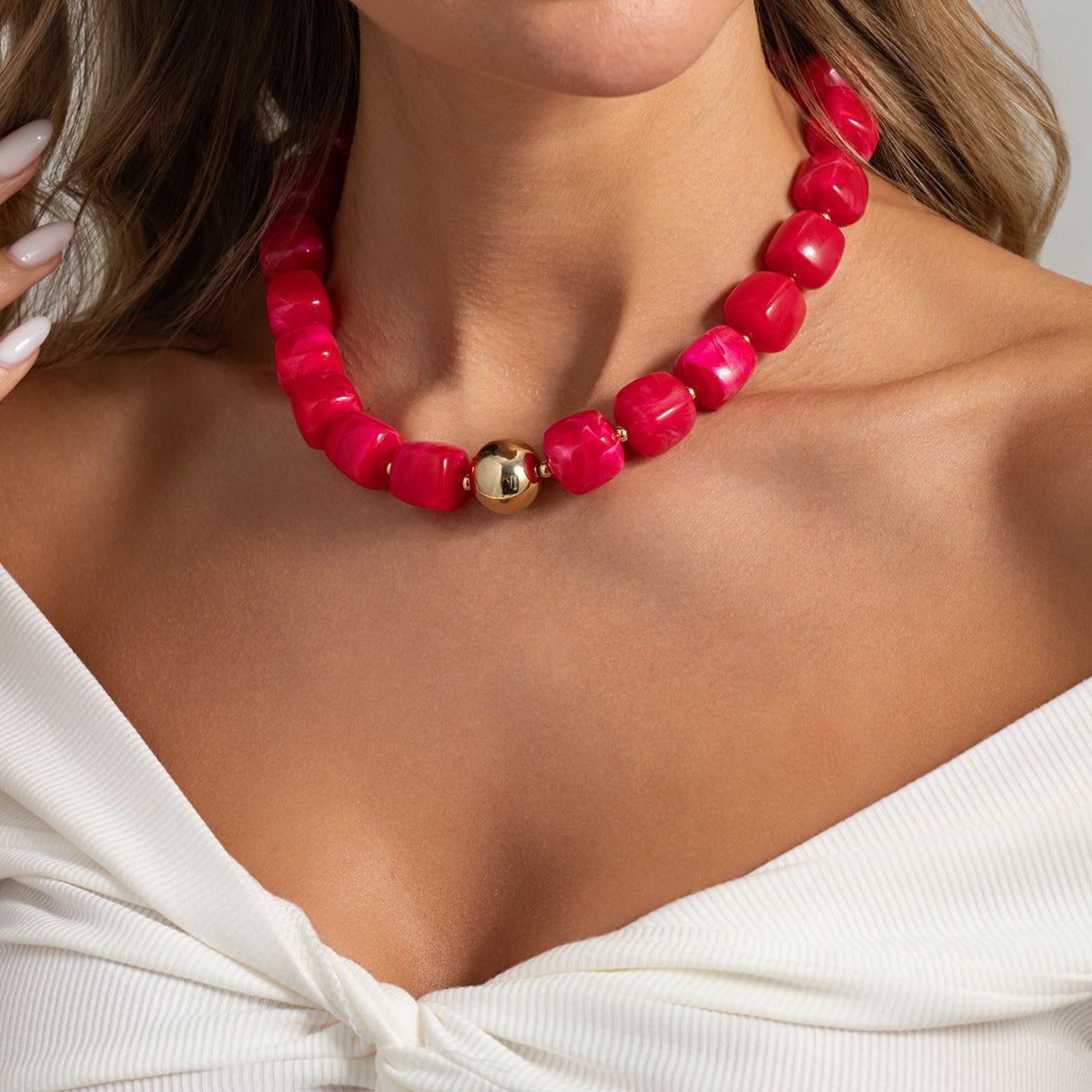 Design Color Resin Beaded Necklace Holiday Style Smudged Multi-Color Collarbone Necklace