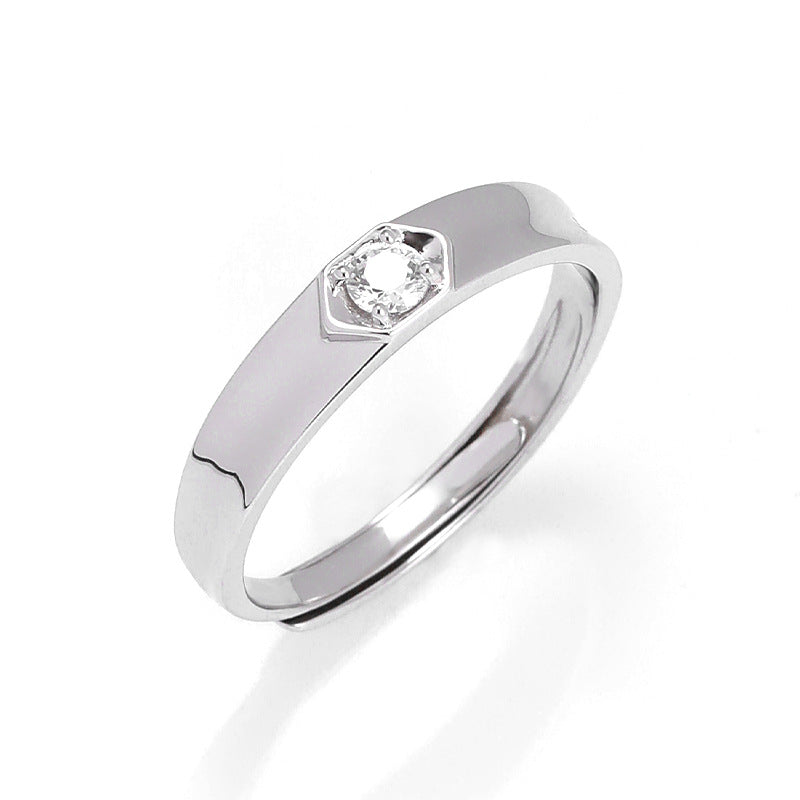 Round Zircon Concave Surface Opening Sterling Silver Ring