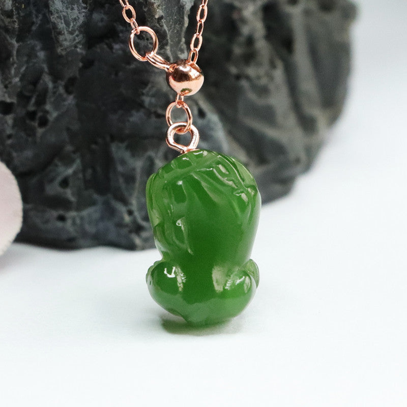 Sterling Silver Pixiu Necklace with Natural Hetian Jade Jasper