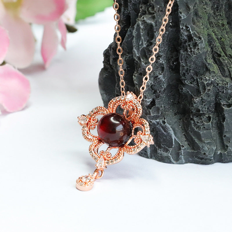 Blood Amber Pendant with Zircon Flower Tassel Necklace for Women