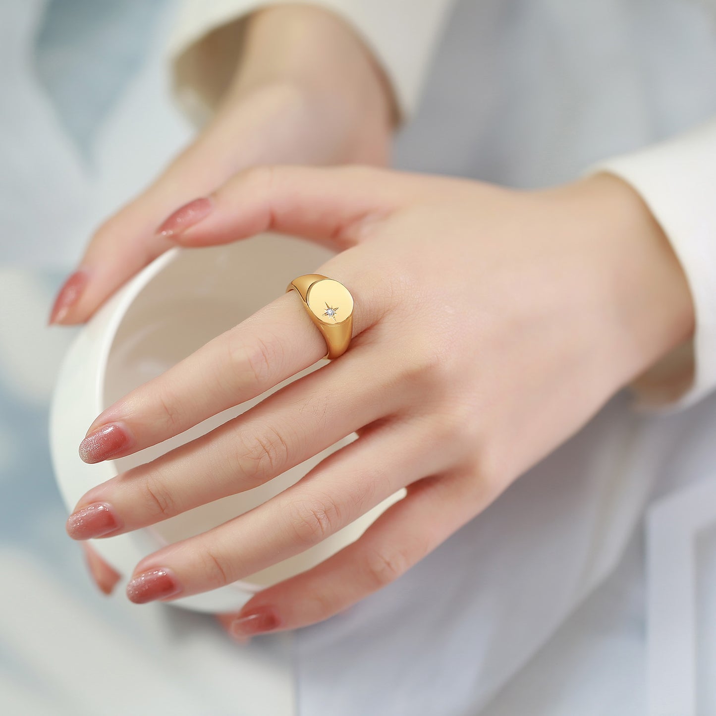 Stainless Steel Single Zircon Geometric Ring Gold Ladies