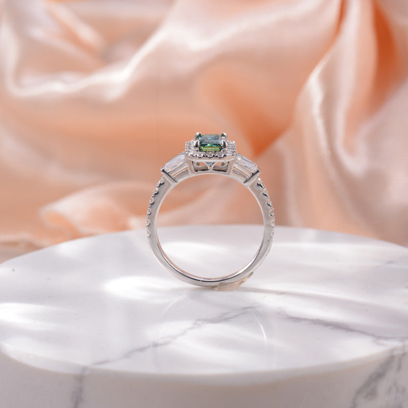 Stylish Soleste Halo 1.0 Carat Emerald Cut Green Moissanite Silver Ring